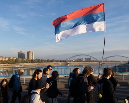 Local students set off on foot from Novi Sad for an election rally.