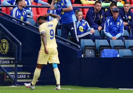Curaçao’s Jürgen Locadia heads for the tunnel after being sent off in the first half