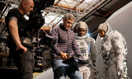 George Clooney on set at Shepperton Studios with David Oyelowo and Tiffany Boone on his film, The Midnight Sky another post-apocalyptic sci-fi project.