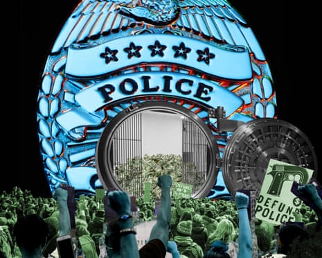 collage of a crowd cheering as money comes out of a vault in a police badge