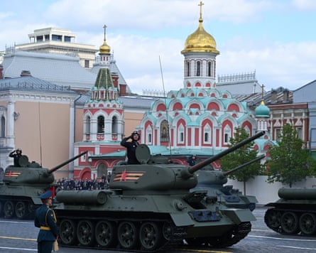 A column of Soviet era T-34 tanks drives across Red Square during the Victory Day military parade in central Moscow, May 2025.