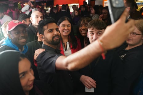 Lisa Nandy (centre) posing for a selfie during the National Youth Strategy launch event at Peckham Levels, London, yesterday.