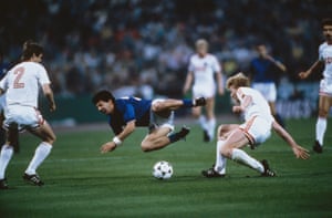 Vialli is sent crashing to the floor by Oleh Kuznetsov during the Euro 88 semi-final against the USSR. Italy lost the game 2-0