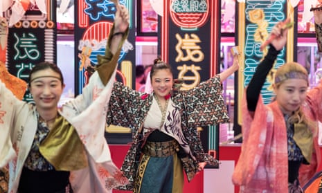 Dancers perform during a preview of the Asakusa Yokocho alley, a newly-built restaurant in one of Tokyo's most famous tourist spots
