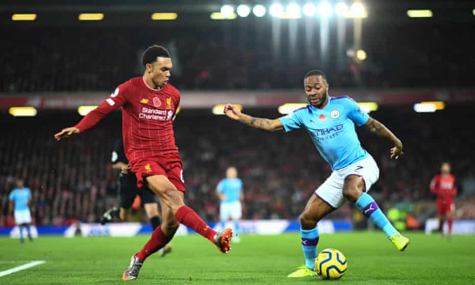 Liverpool’s Trent Alexander-Arnold (left) and Raheem Sterling of Manchester City. All players will be consulted about wage drops.