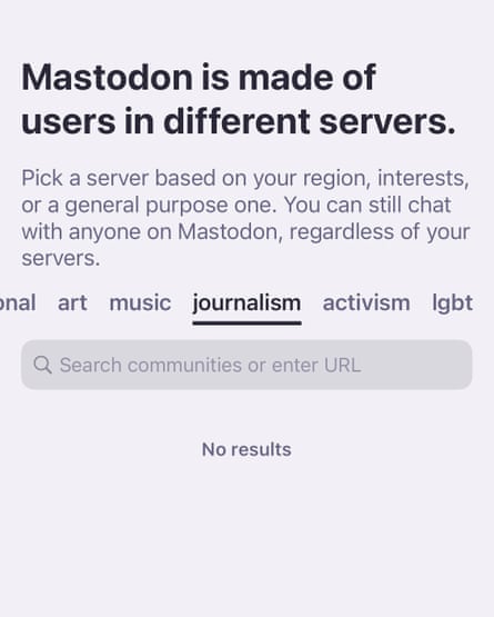 Mastodon capture d'écran serveurs de journalisme vide