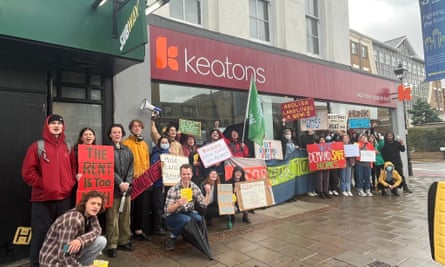 A London Renters Union protests outside the Mile End branch of Keatons estate agent in east London.