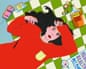 Graphic of person laying on green and white checkered surface with bottle of alcohol and other items on it