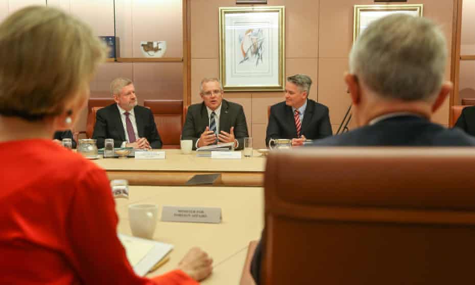 Scott Morrison and Mathias Cormann at pre-budget 2018 cabinet meeting on Monday.