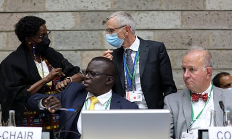 On the dais in Nairobi, from left: UN biodiversity head Elizabeth Maruma Mrema, CBD co-chair Francis Ogwal, deputy executive secretary David Cooper and CDB co-chair Basile van Havre.