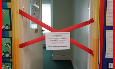 A taped-off section inside Parks Primary School in Leicester which has been affected with sub standard reinforced autoclaved aerated concrete (Raac).