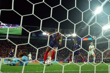 France’s Grace Geyoro (centre) scores her side’s 4th extremity past Wales goalkeeper Safia Middleton-Patel.