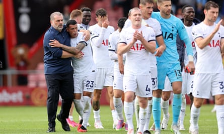 Pastor Postecoglou shows importance of journey even if you never reach heaven | Tottenham Hotspur 5 Ange Postecoglou embraces Pedro Porro as other players applaud the travelling fans after Tottenham won at Bournemouth