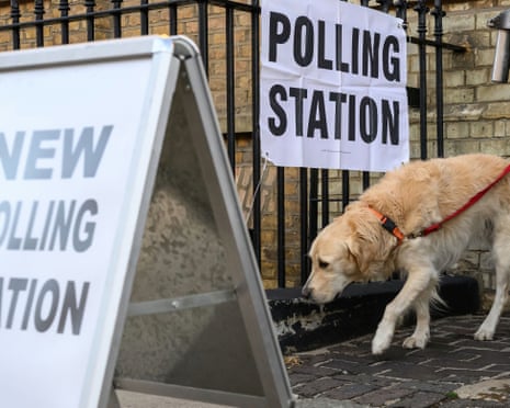A dog is led out of a polling station in the Holborn and St Pancras byelection.