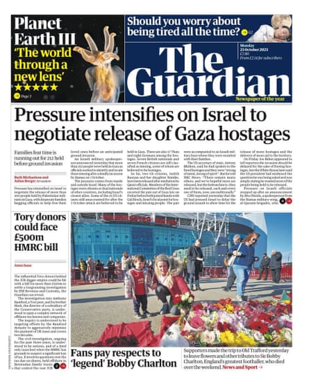 Front page of the Guardian Monday 23 October