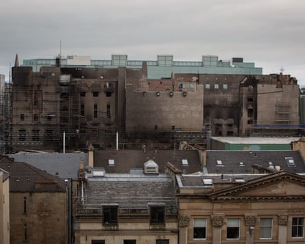 The Mackintosh building in July 2018, after a second fire caused extensive damage in June, with visible fire damage.