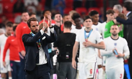 Gareth Southgate applauds the supporters at Wembley after England’s agonising penalty defeat.