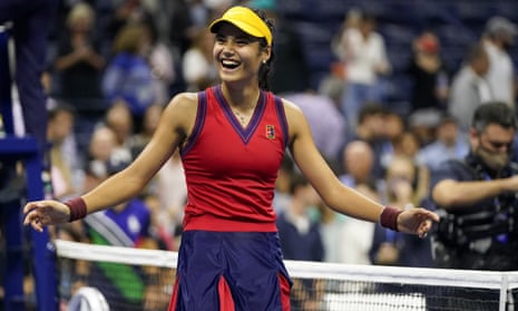 Emma Raducanu celebrates after beating Maria Sakkari to reach the US Open final