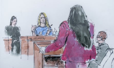 In this courtroom artist sketch, Jennifer Siebel Newsom, center, takes the stand at the trial.