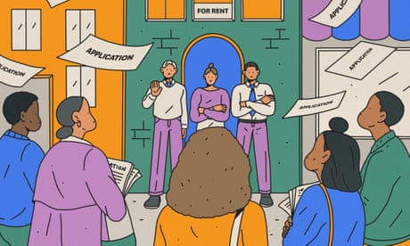 illustration of people guarding building while others stand outside, with applications flying through the air