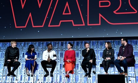 From left: Mark Hamill, Kelly Marie Tran, John Boyega, Daisy Ridley, Rian Johnson, Kathleen Kennedy and Josh Gad at a Star Wars celebration day in Orlando, Florida this month.