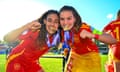 Celia Segura and Amaya García Gómez celebrate after Spain became the European Women's Under-17 champions