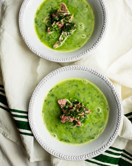 ‘The bright green notes of the pea soup fill us with hope for the new season’: pea soup with ham hock and herbs.