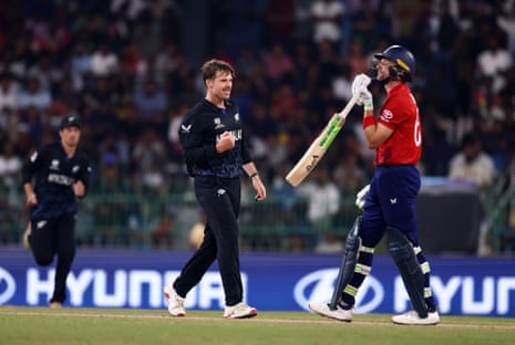 Lockie Ferguson celebrates the wicket of Jos Buttler for a duck.