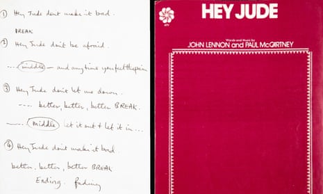 Paul McCartney’s scribbled note for a recording session in London in 1968 of Hey Jude that fetched $910,00 in New York. 