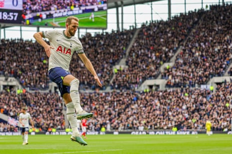 Tottenham Hotspur’s Harry Kane celebrates after heading  the home side in front.