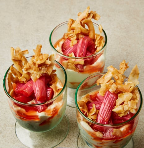 Yotam Ottolenghi’s clotted cream and ginger mousse with rhubarb and coconut flake topping.