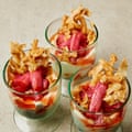 Yotam Ottolenghi’s clotted cream and ginger mousse with rhubarb and coconut flake topping.