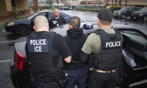 US Immigration and Customs Enforcement officers detain a suspect during an enforcement operation on 7 February in Los Angeles, California.