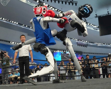 Robots compete at the Free Combat event as a human referee looks on