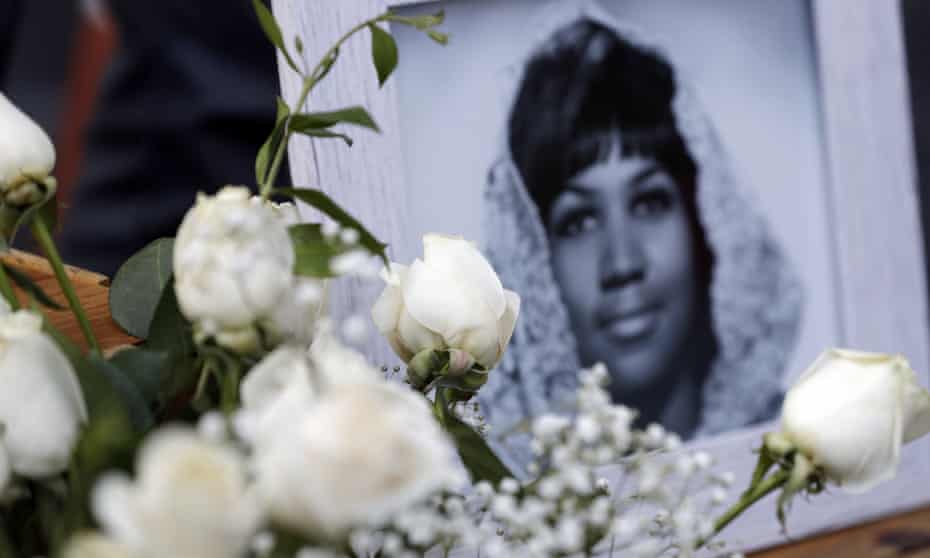 Flowers and pictures on Aretha Franklin’s star along the Hollywood Walk of Fame after she died aged 76.