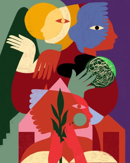 Three abstract, overlapping human figures are depicted in profile. One figure’s face overlaps a yellow sun, one overlaps a blue wing, and a third is within a house holding a budding plant in both hands.