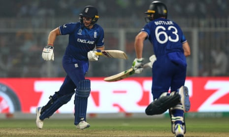 Joe Root and Jos Buttler run between the wickets and add to England’s total.