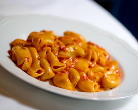 Close up of Carbone’s take on pasta all vodka, using rigatoni instead of penne