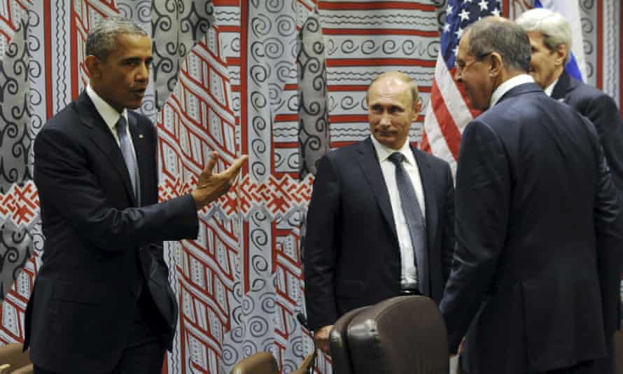 President Obama meets Vladimir Putin at the UN, New York, in September 2015 with foreign minister Sergei Lavrov and secretary of state John Kerry.