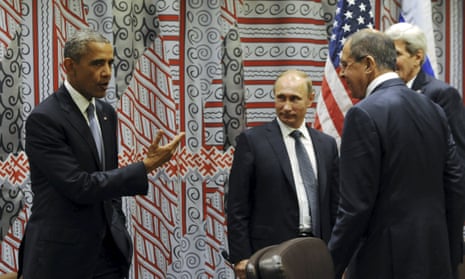 President Barack Obama meets, from left, the Russian president, Vladimir Putin, and foreign minister, Sergei Lavrov, along with the US secretary of state, John Kerry, at the United Nations this week.