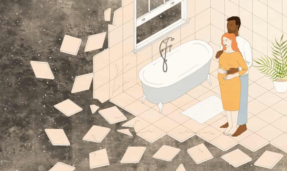 illustration of pregnant woman and male partner with scene around them falling apart