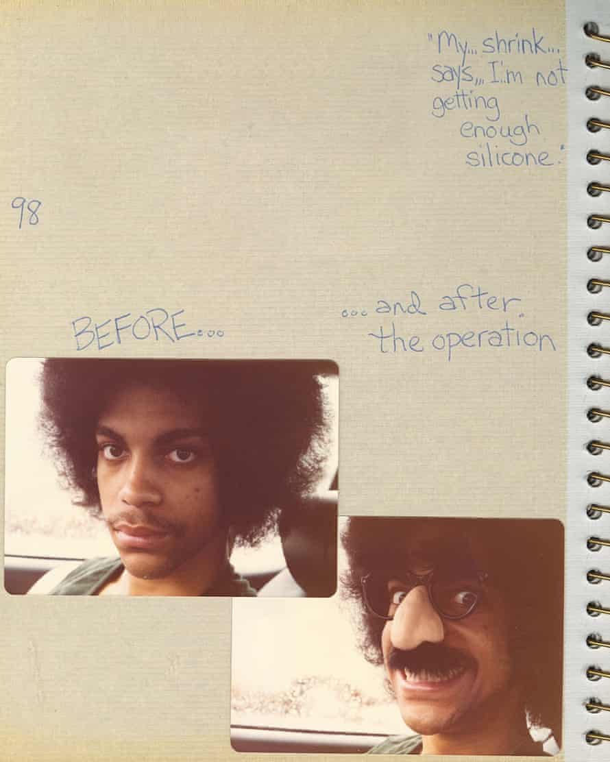 A page from a photo album Prince put together when he was 19 and recording his debut album, For You, in California.