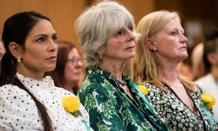 Priti Patel, Diana Parkes, mother to Joanna Simpson, and Hetti Barkworth-Nanton before a screening of a documentary about the killing of Joanna Simpson in the House of Commons in June 2023.