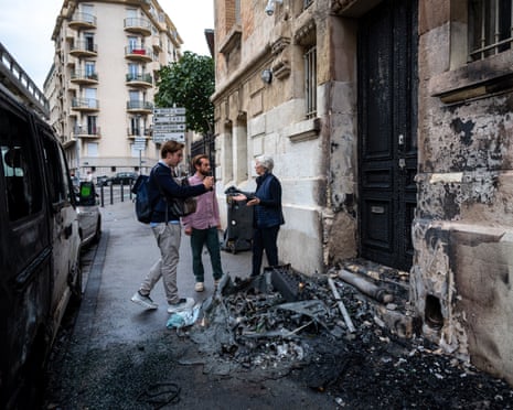 Burnt waste at the entrance of the Victor Hugo high school amid high school student protests, in the 15th arrondissement of northern Marseille, southern France.