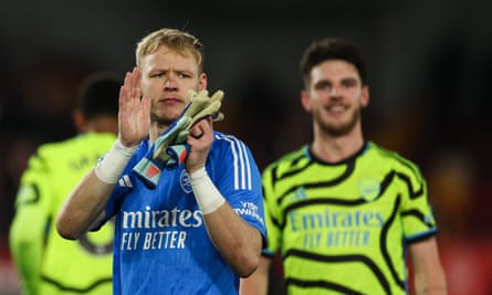 Aaron Ramsdale applauds Arsenal’s fans after the final whistle.