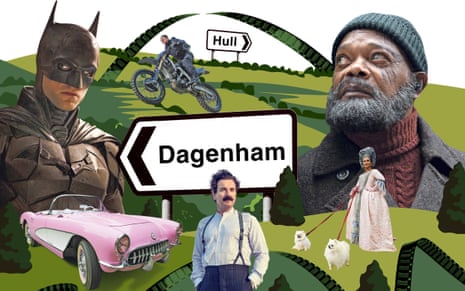 Images of film stars and sets superimposed on an English landscape with a road sign for Dagenham in the centre