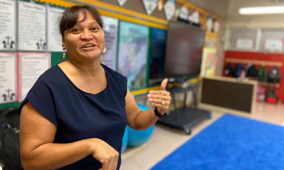 Bertilia Yamasta teaches her kindergarten class at at P.C. Lujan Elementary in Guam to speak CHamoru, the traditional language of the Mariana Islands.