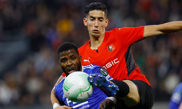 Nayef Aguerd stretches to win the ball from Kelechi Iheanacho during Rennes’ Europa Conference League game at home to Leicester.