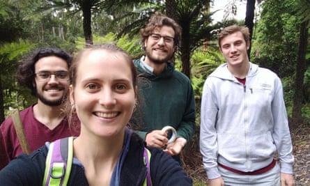 Flinders University researchers Olivia Davies and Lucas Hearn (middle) and field volunteers Nicholas Congedi (left) and Connor Panozzo (right).