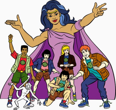 Captain Planet’s team of Planeteers, complete with the Earth-mother deity Gaia